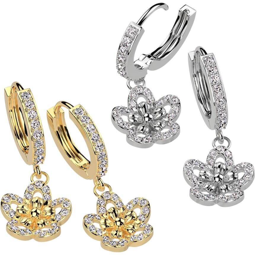 CZ Pave Flower Dangle Hoop Earrings