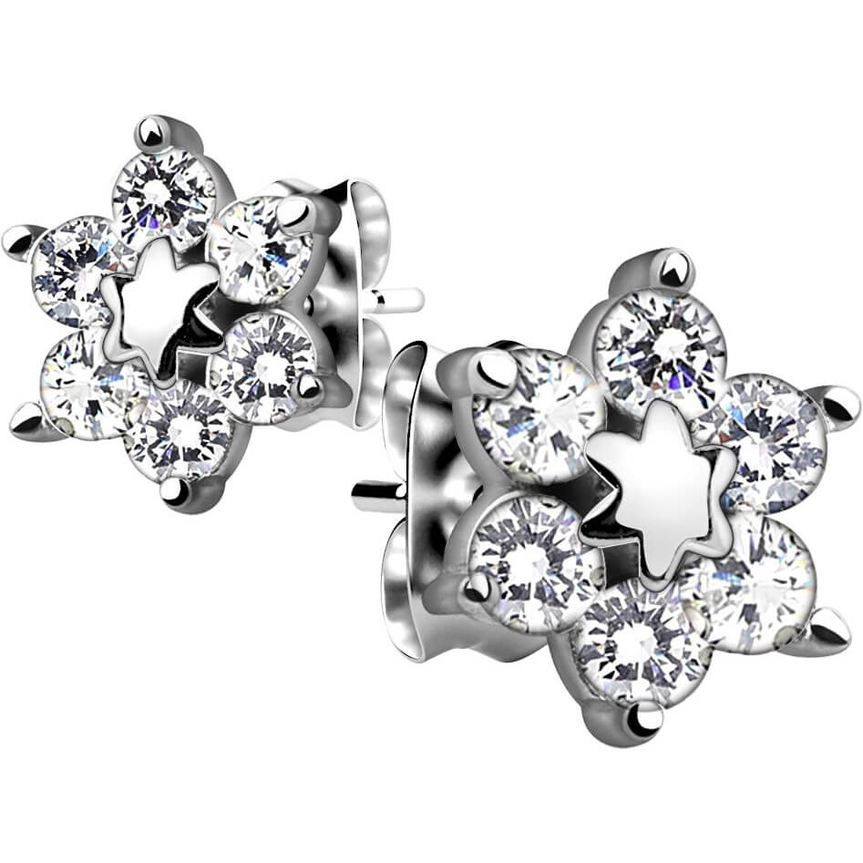 Sterling Silver CZ Star Flower Stud Earrings