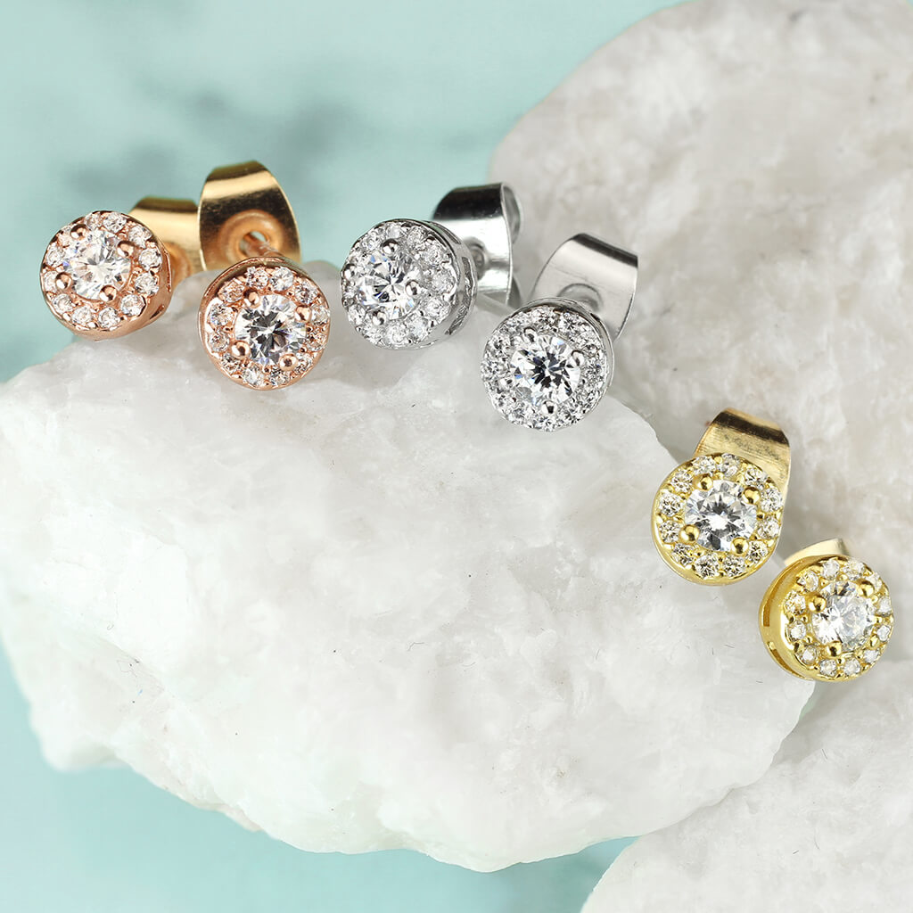Sterling Silver CZ Pavé Round Stud Earrings