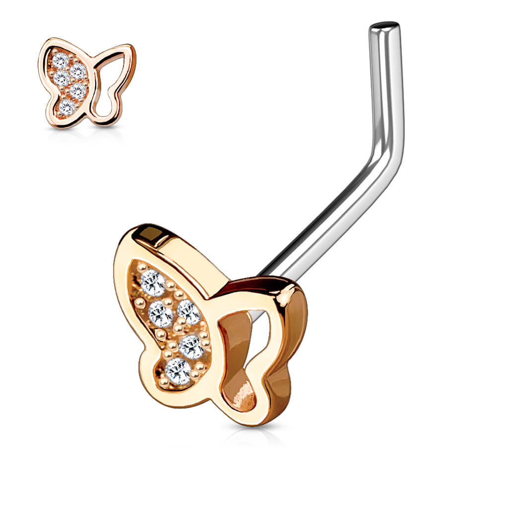 Half-Paved CZ Butterfly L-Bend Nose Ring