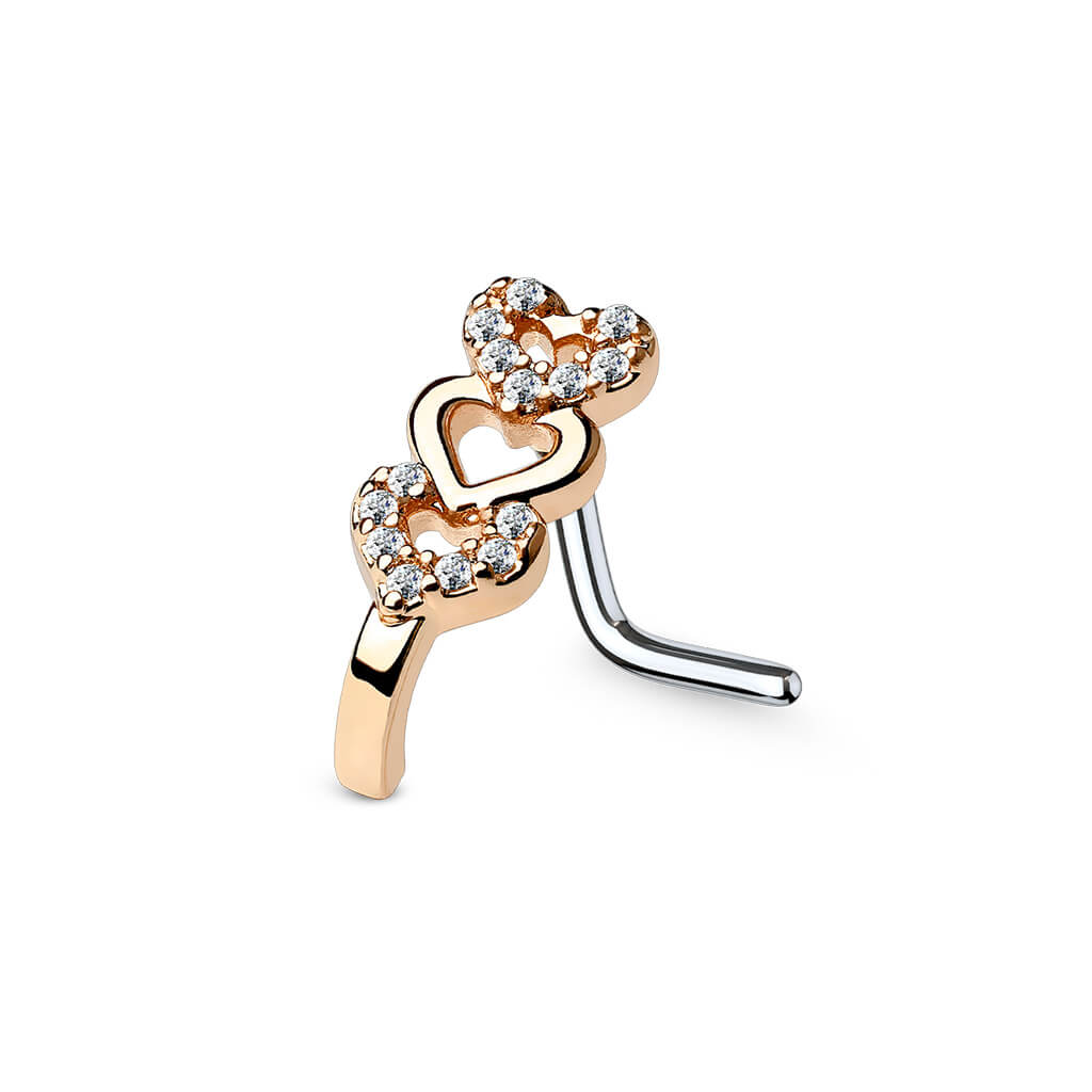 CZ Triple Heart Crawler L-Bend Nose Stud