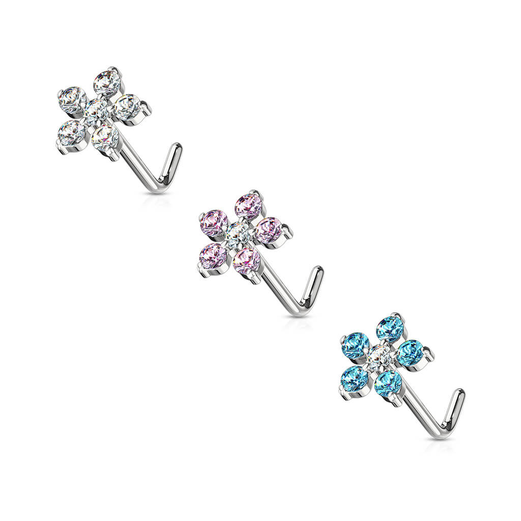 Six-Petal CZ Flower L-Bend Nose Stud
