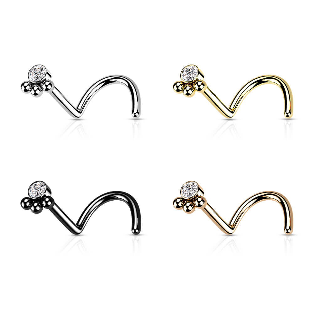Triple Bead Cluster CZ Nose Screw Ring