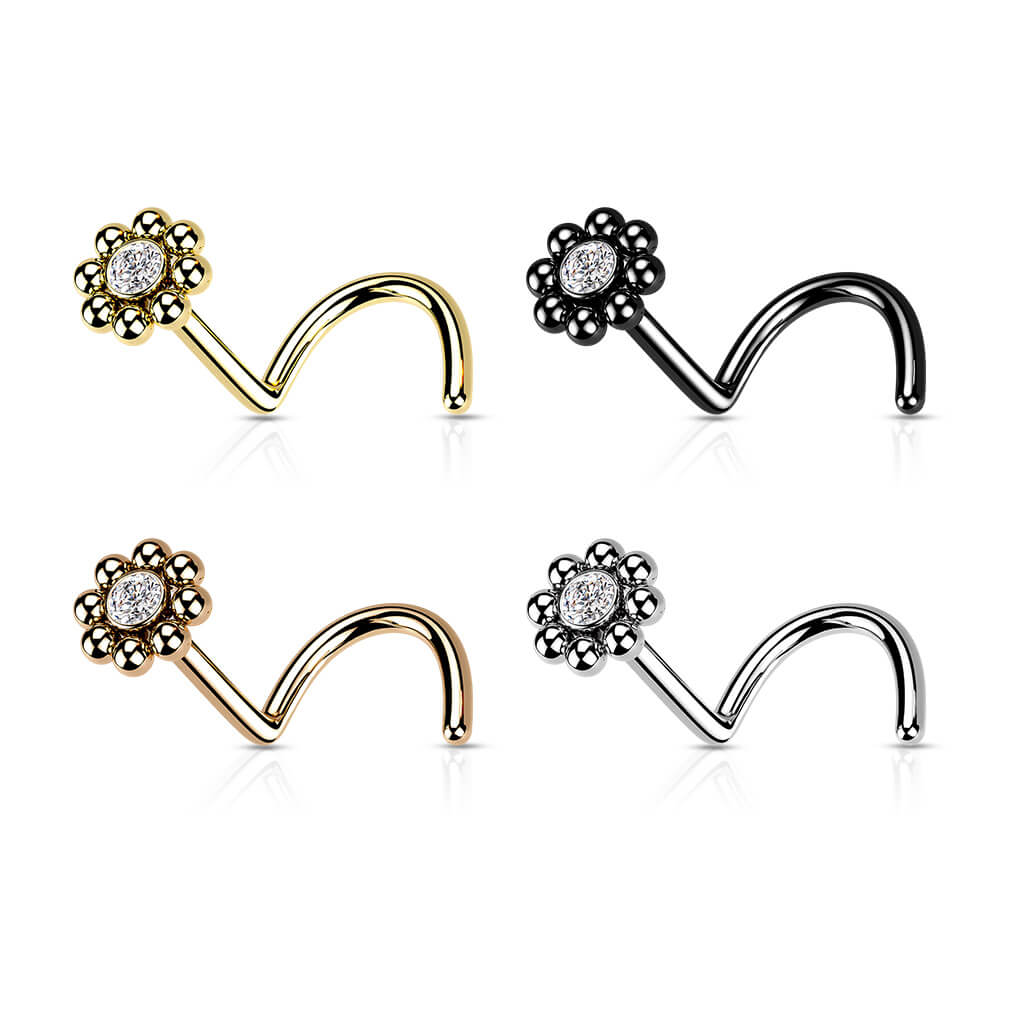 Beaded Edge CZ Center Nose Screw Ring