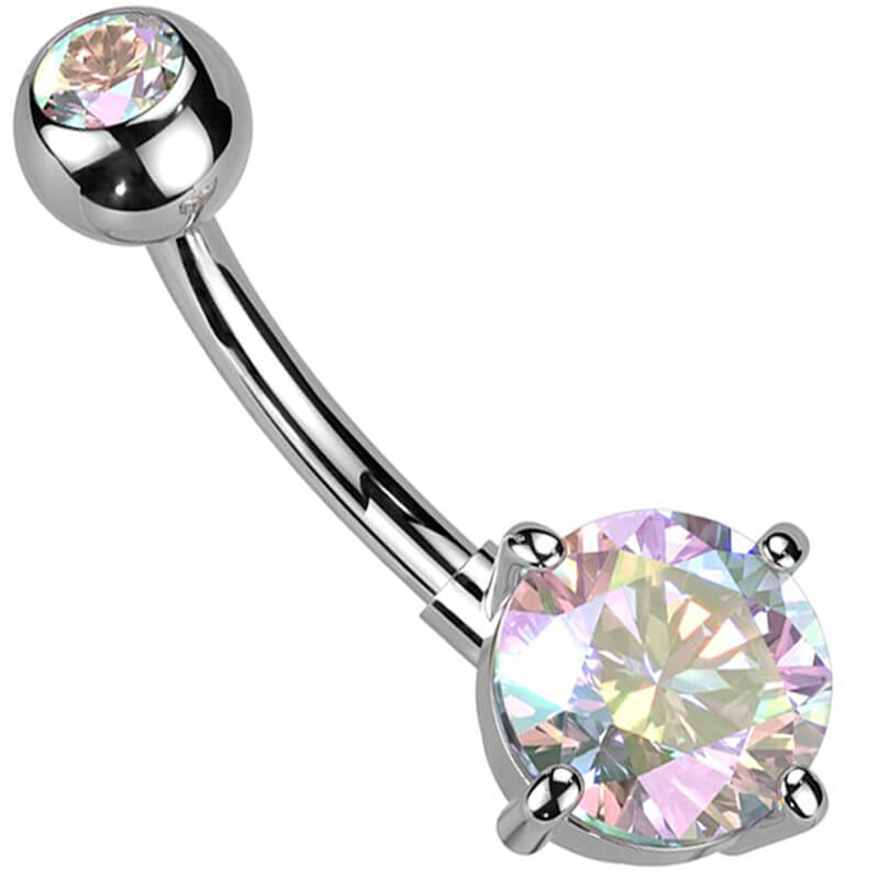 Titanium Belly Ring with Bezel CZ Top & Round Prong-Set CZ Dangle
