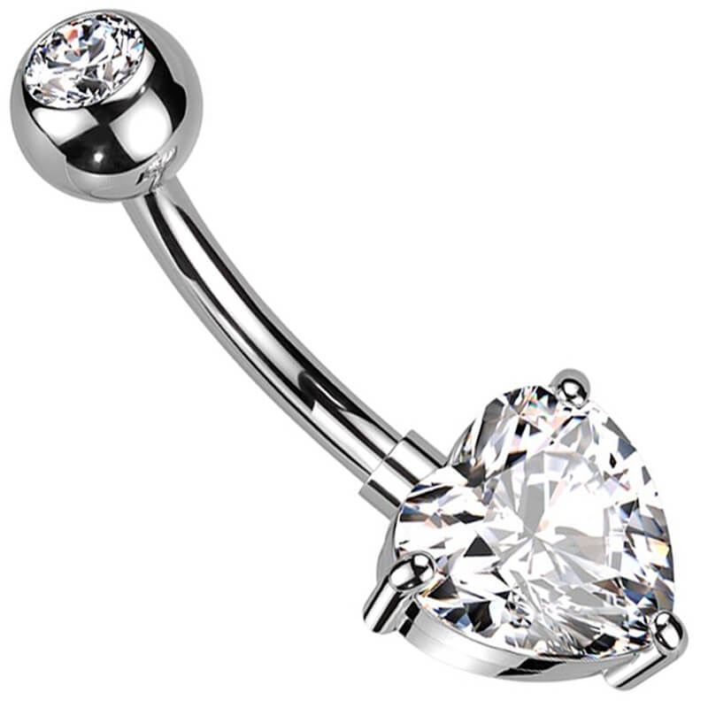 Titanium Belly Ring with CZ Top & Heart Prong-Set CZ Dangle