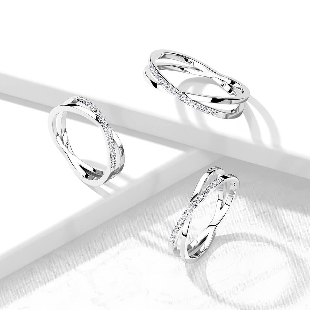 Pave CZ Criss Cross Stainless Steel Ring