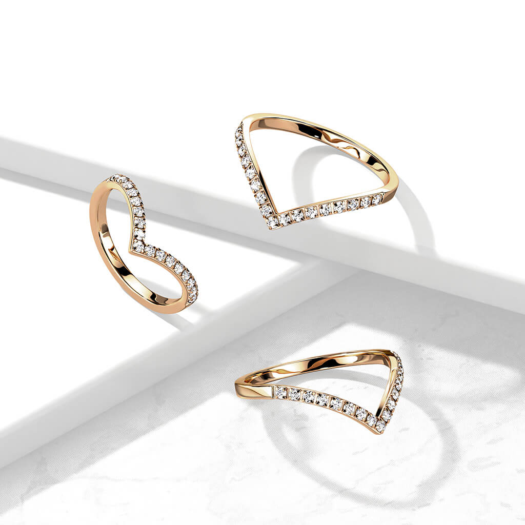 Pave CZ Rose Gold Chevron Stainless Steel Ring