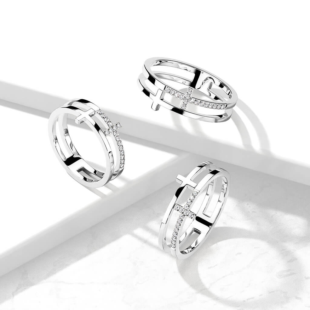 CZ Double Sideways Split Cross Silver Ring