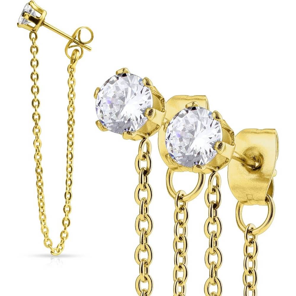 CZ Prong Chain Drop Stud Earrings