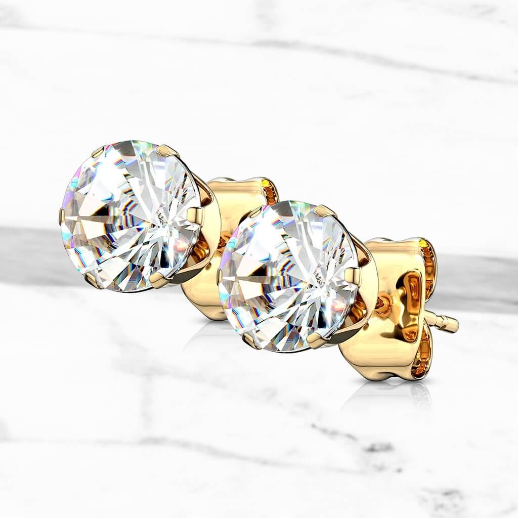 Gold Round Clear CZ Stud Earrings