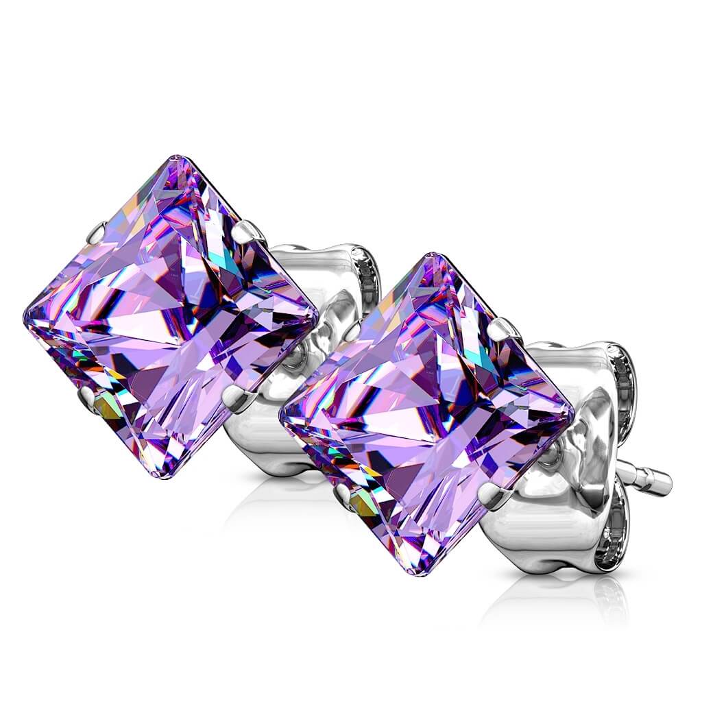 Princess Cut Square CZ Stud Earrings - Surgical Steel