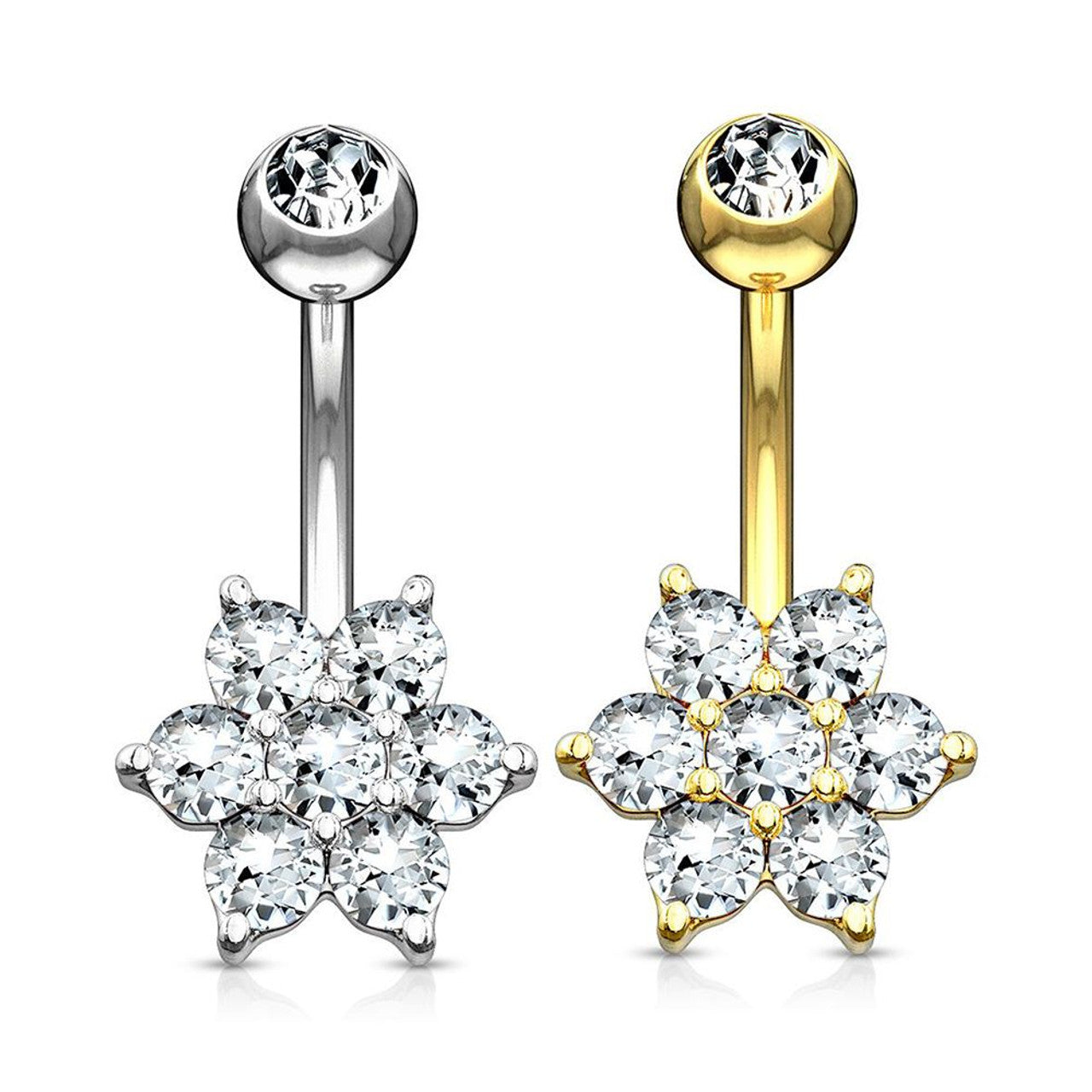 14K Gold Flower Clear CZ Navel Belly Button Ring