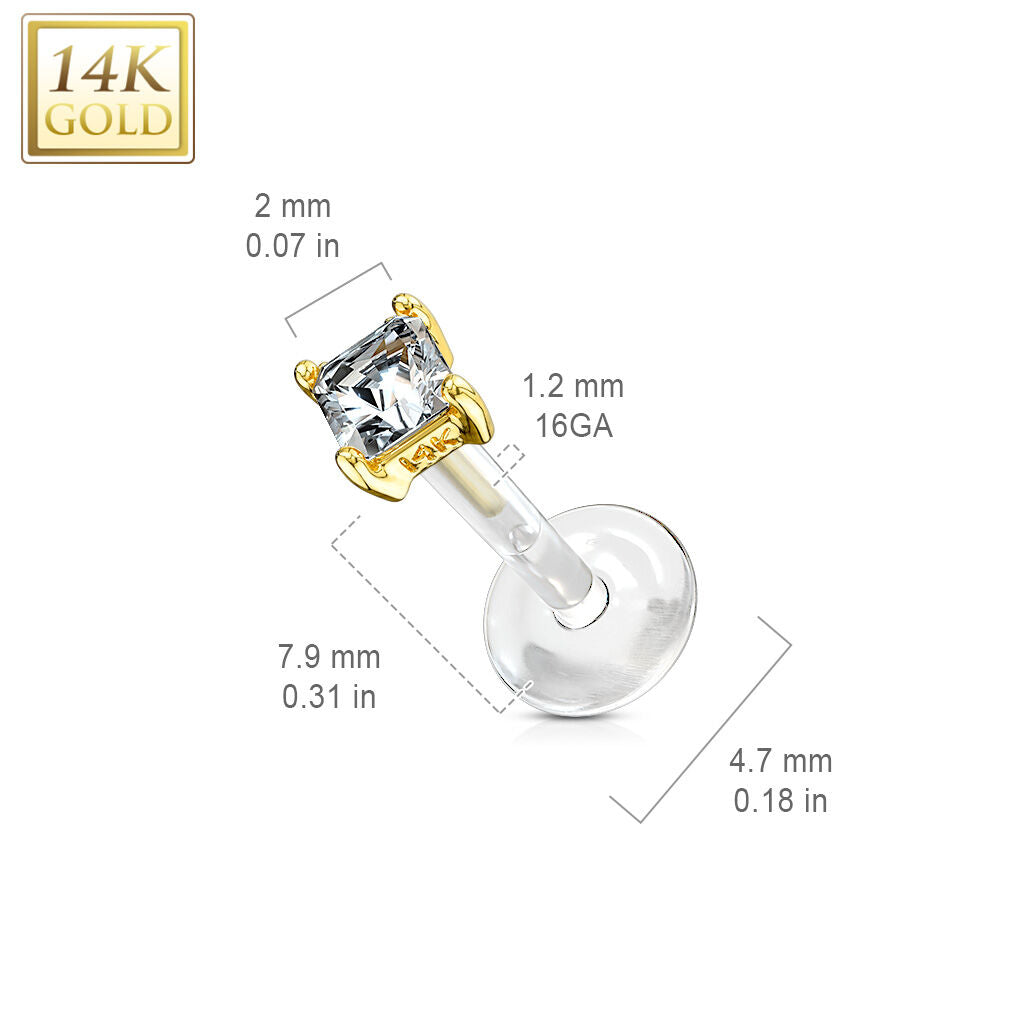 14K Gold Princess-Cut CZ Labret with Flexible Shaft