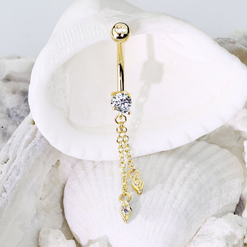 14K Gold Hanging Jeweled CZ Dangle Belly Ring
