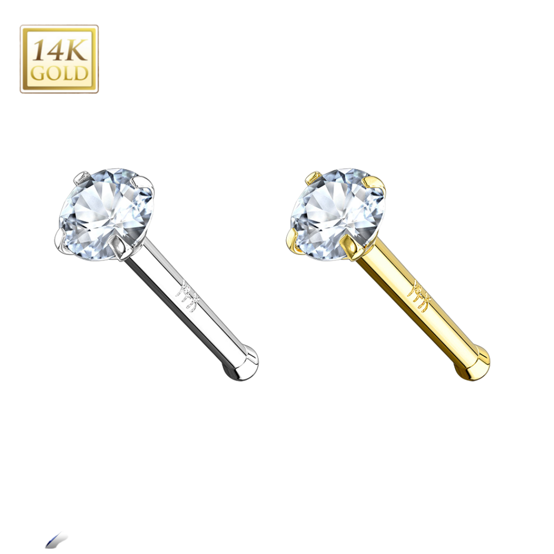 14k Gold Pronged Round Gem Nose Stud