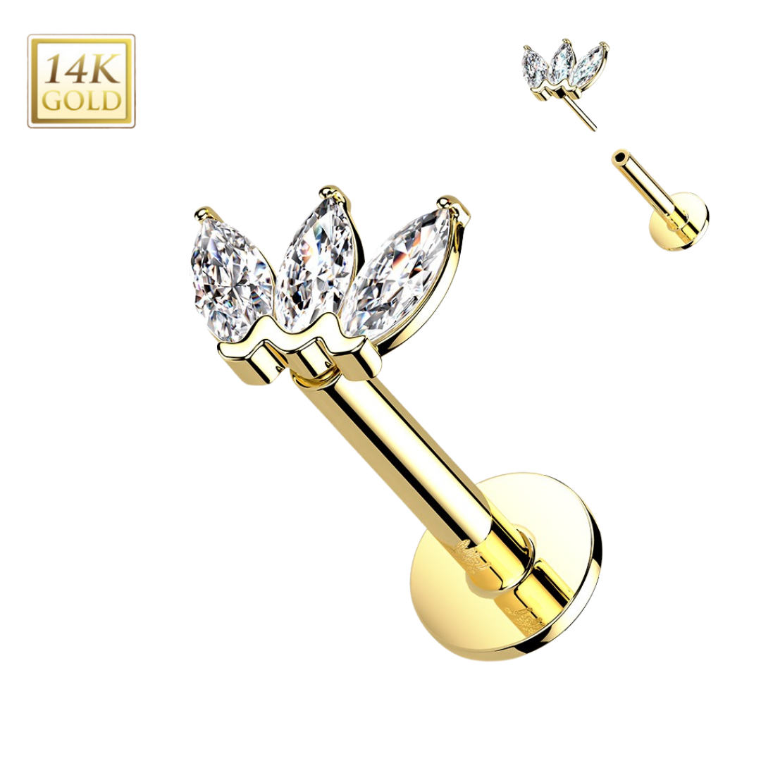 14k Gold Triple Marquis Gem Threadless Labret