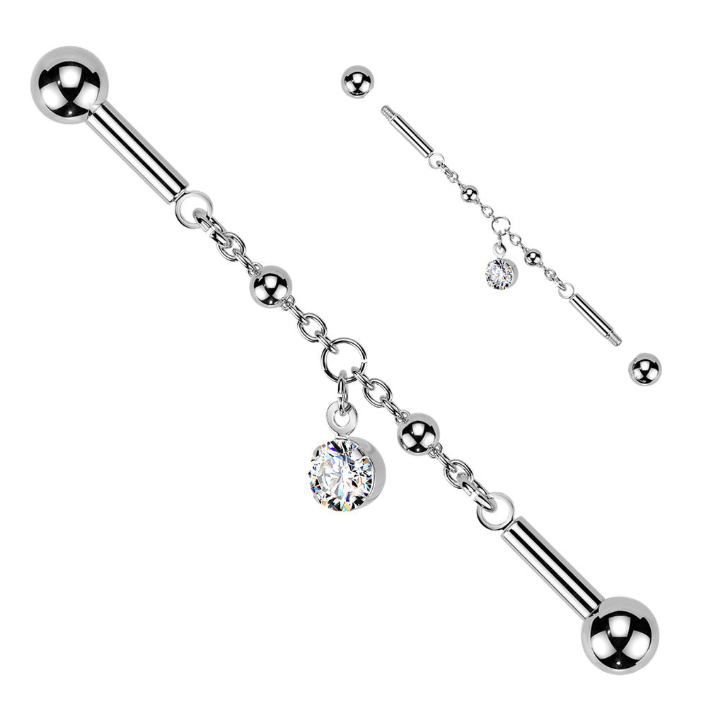 Prong-Set CZ Dangle Chain Industrial Barbell