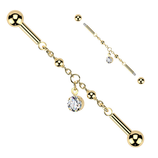 Prong-Set CZ Dangle Chain Industrial Barbell