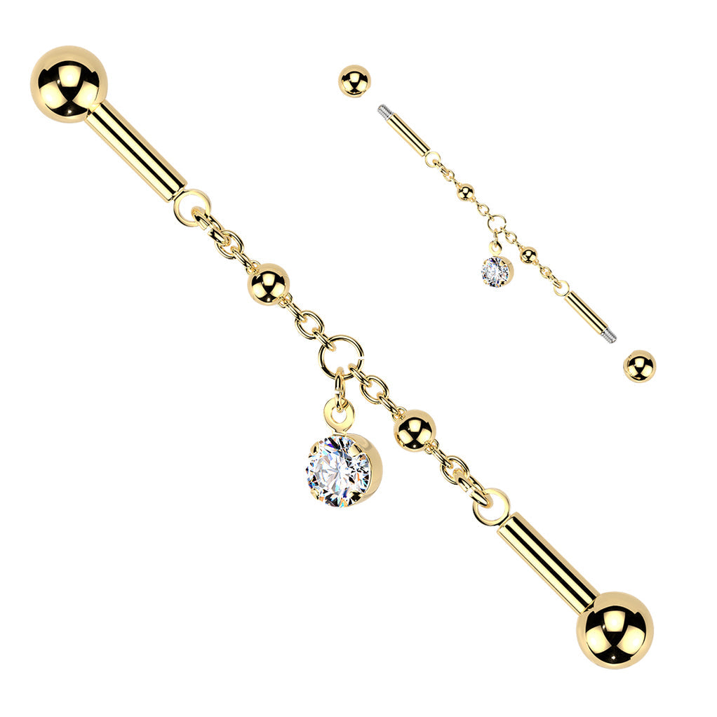 Prong-Set CZ Dangle Chain Industrial Barbell