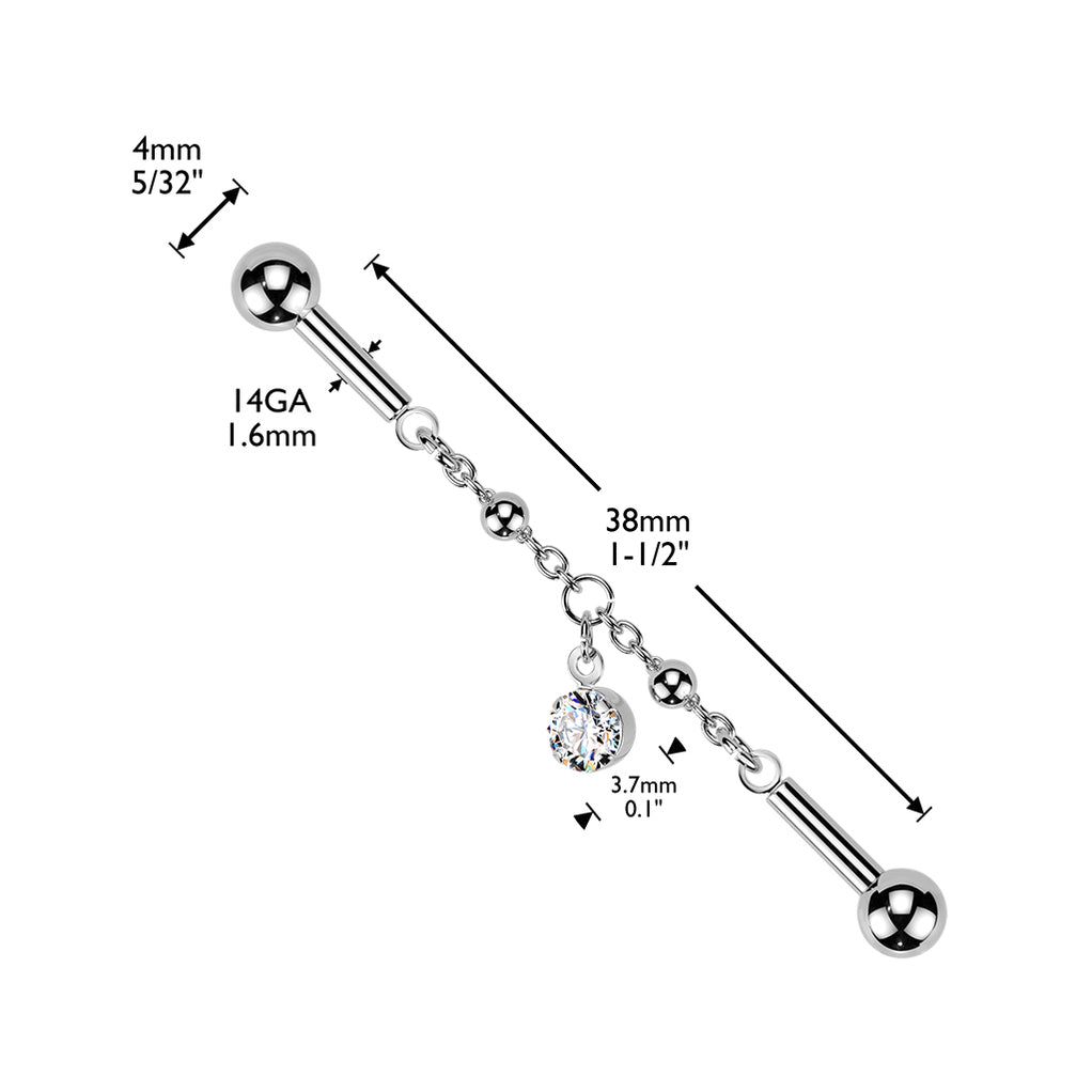 Prong-Set CZ Dangle Chain Industrial Barbell