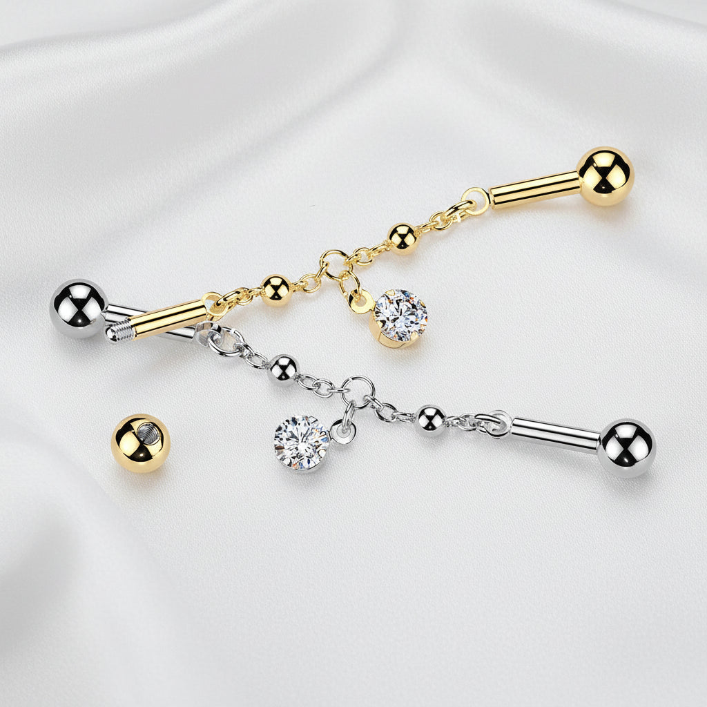 Prong-Set CZ Dangle Chain Industrial Barbell