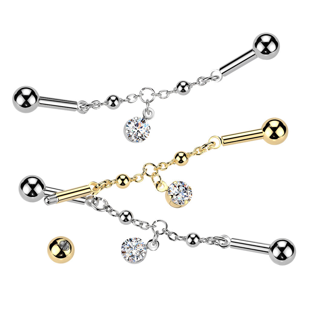 Prong-Set CZ Dangle Chain Industrial Barbell