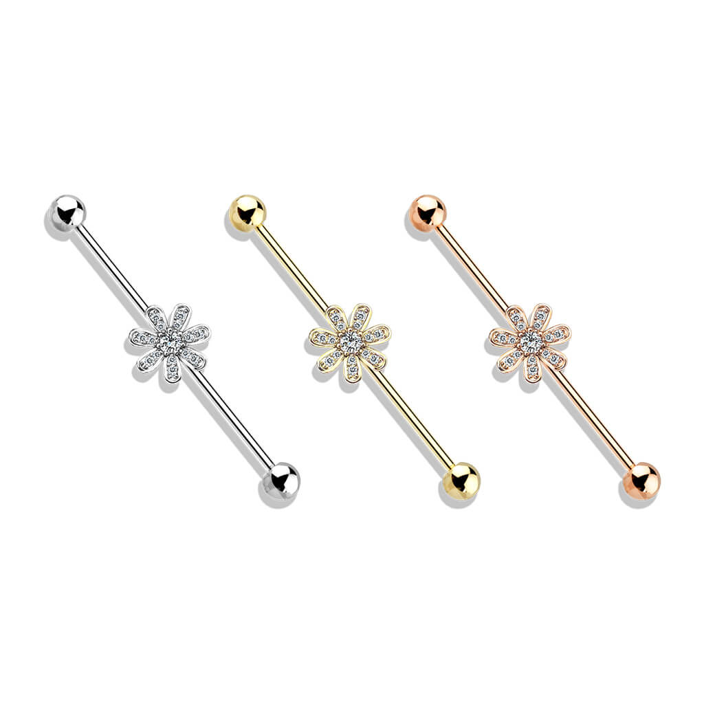Micro CZ Pavé Flower Industrial Barbell