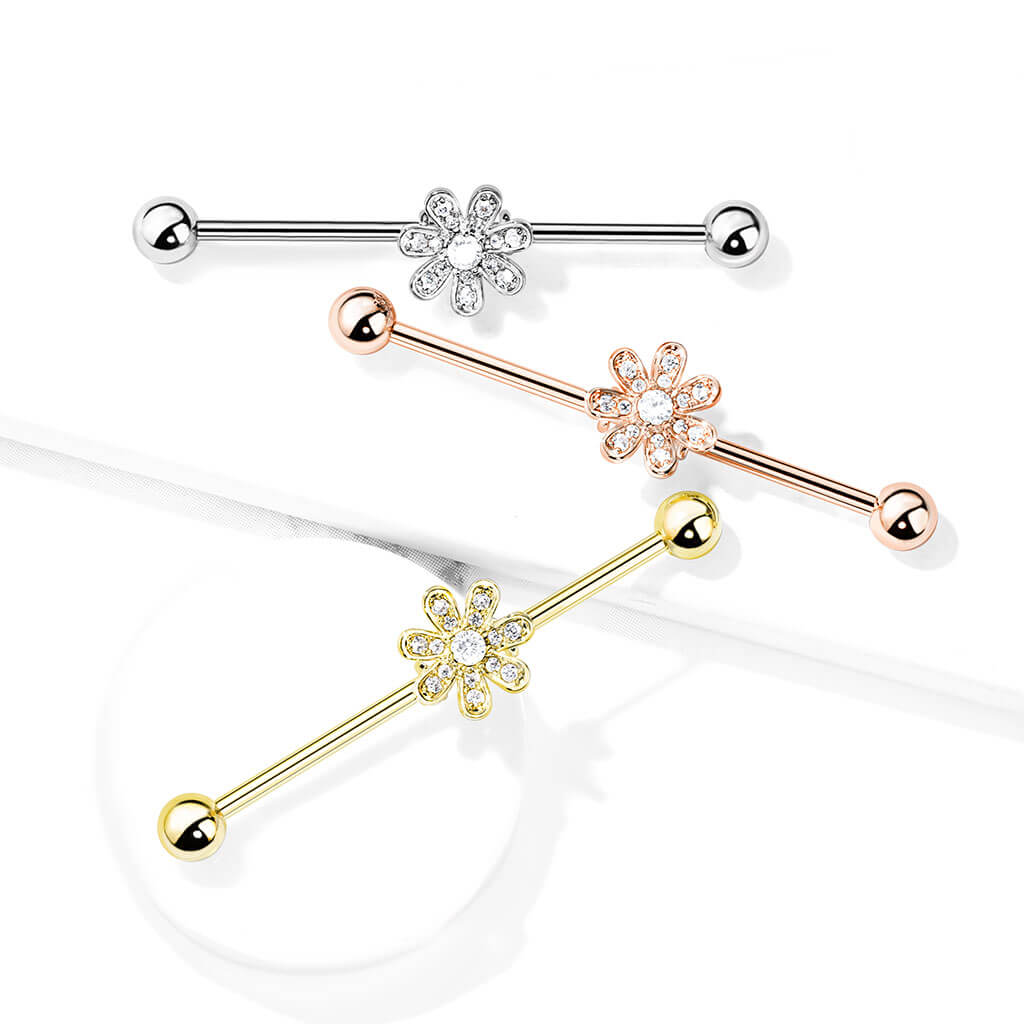 Micro CZ Pavé Flower Industrial Barbell