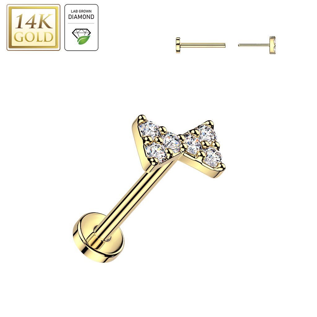 14K Gold Bowtie Threadless Flat Back Stud with Lab Diamonds - 20G