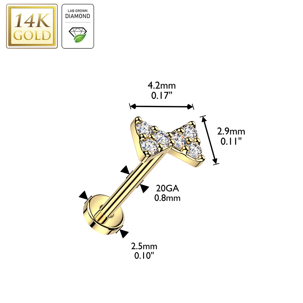 14K Gold Bowtie Threadless Flat Back Stud with Lab Diamonds - 20G