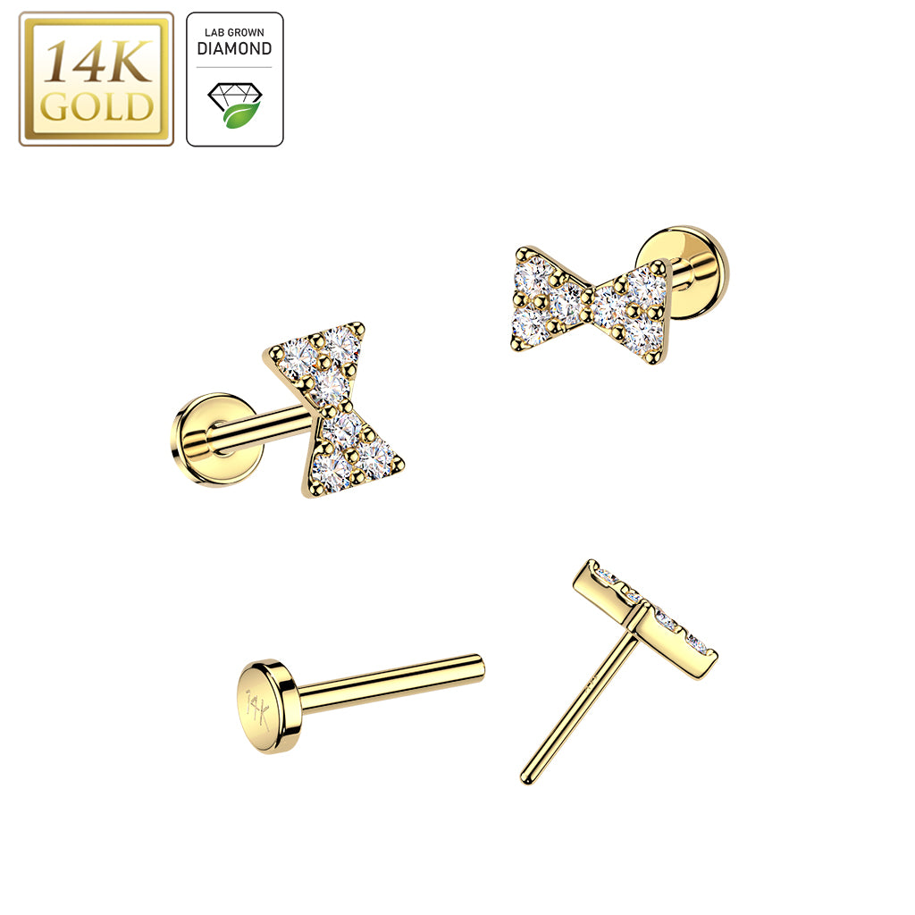14K Gold Bowtie Threadless Flat Back Stud with Lab Diamonds - 20G