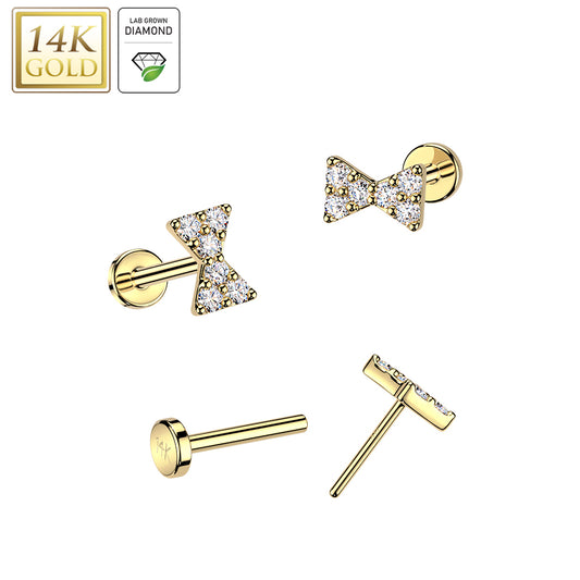 14K Gold Bowtie Threadless Flat Back Stud with Lab Diamonds - 20G