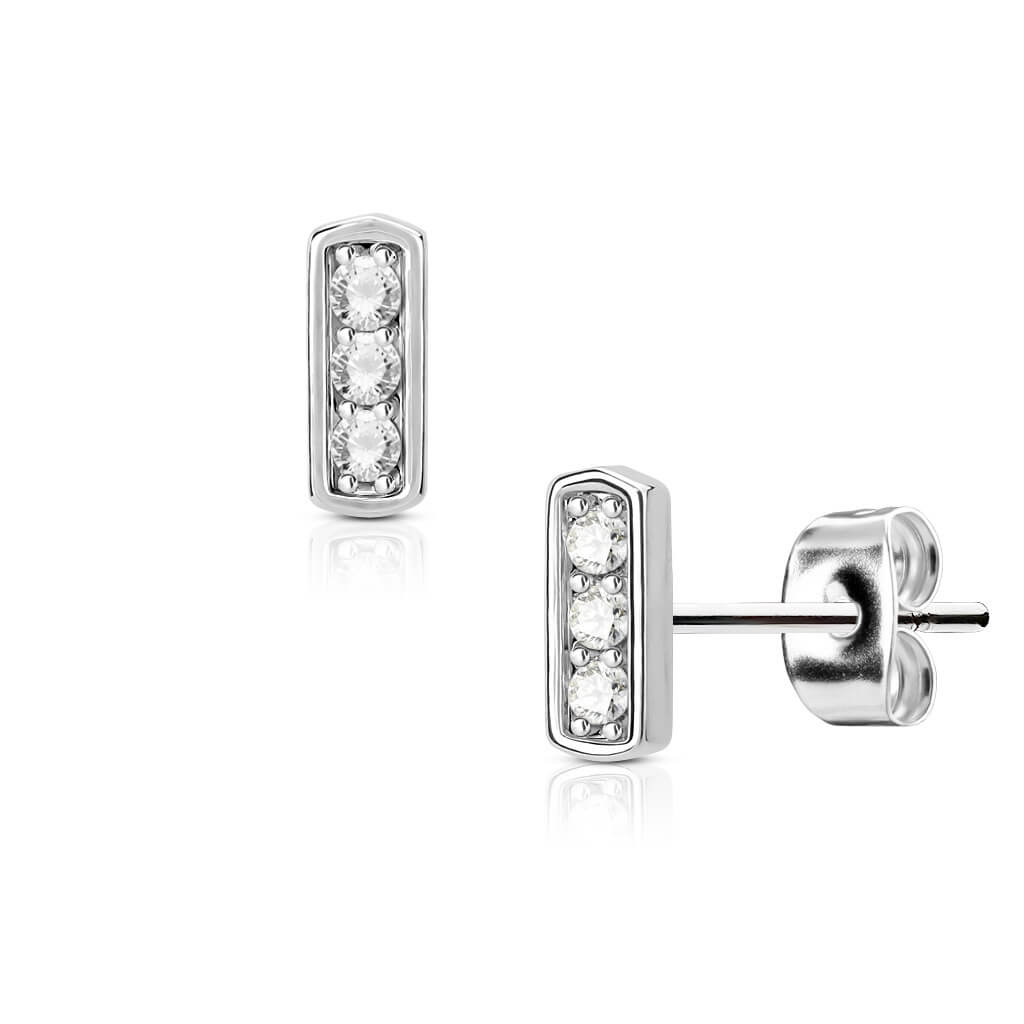 Triple CZ Square Bar Stud Earrings