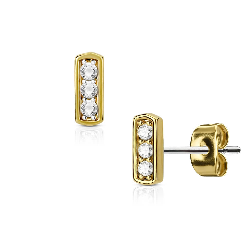 Triple CZ Square Bar Stud Earrings