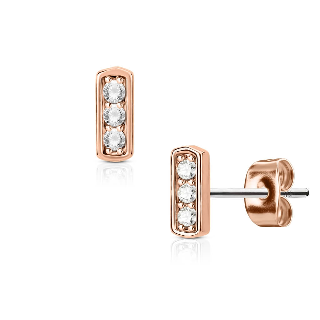 Triple CZ Square Bar Stud Earrings