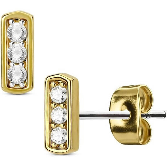 Triple CZ Square Bar Stud Earrings