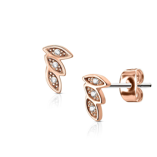 CZ Pavé Three-Leaf Stud Earrings in Rose Gold