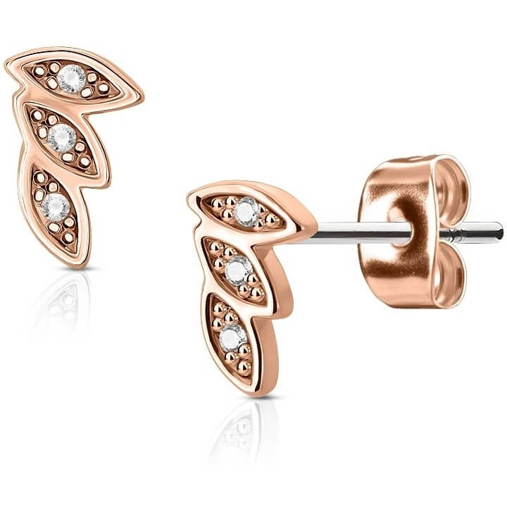 CZ Pavé Three-Leaf Stud Earrings in Rose Gold