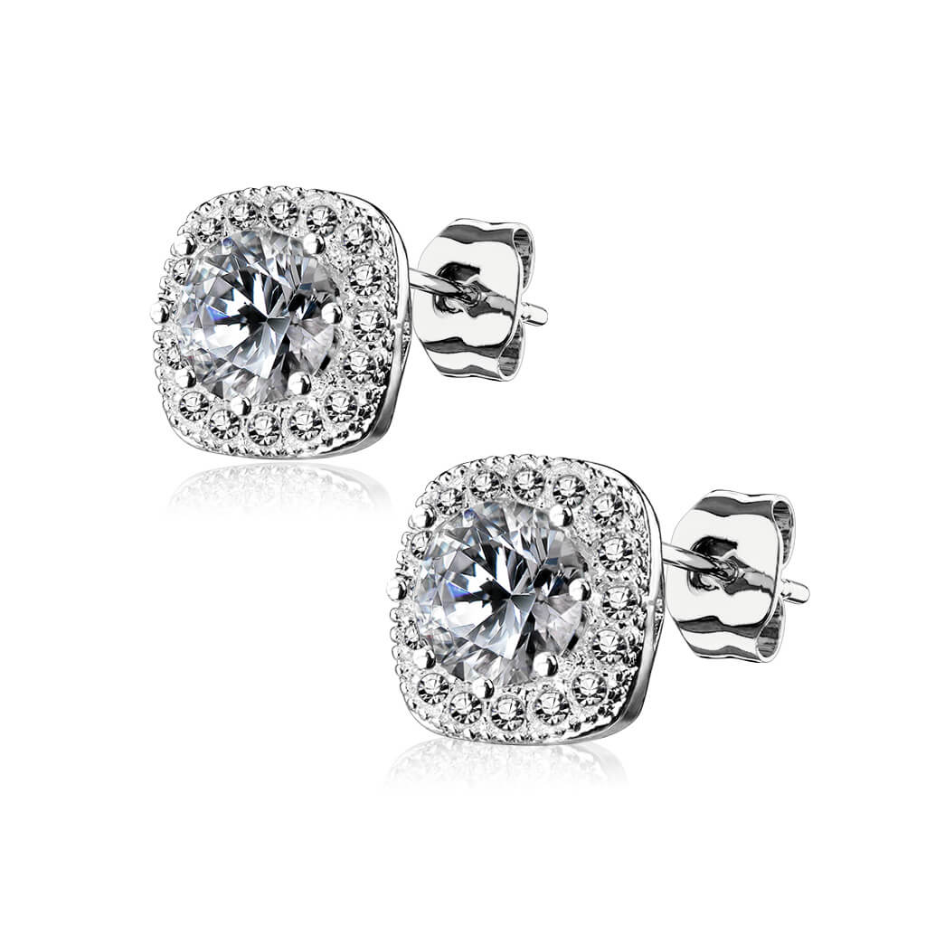 CZ Square Halo Stud Earrings with Round Center