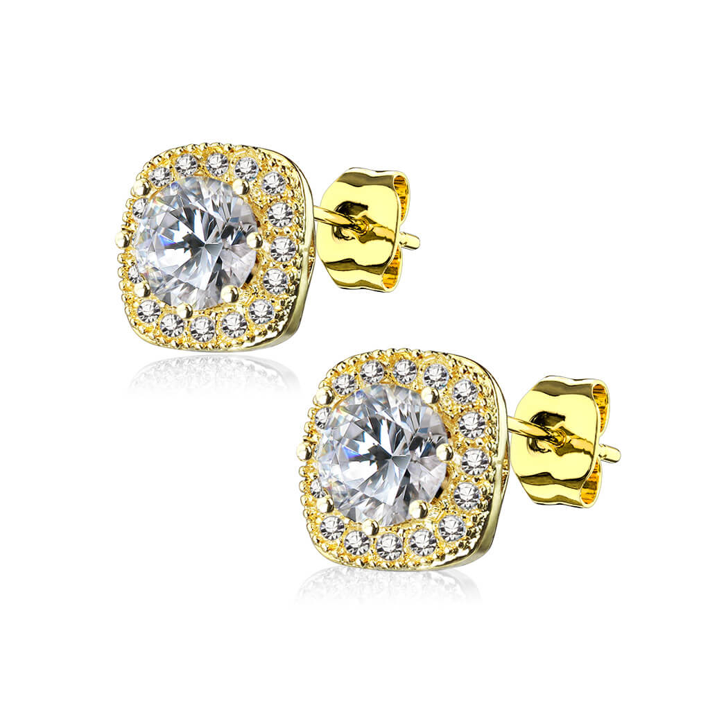 CZ Square Halo Stud Earrings with Round Center