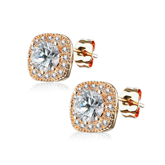 CZ Square Halo Stud Earrings with Round Center