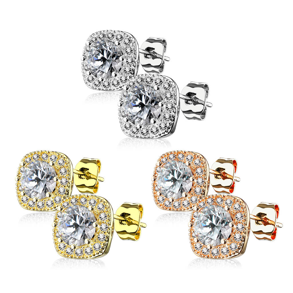 CZ Square Halo Stud Earrings with Round Center