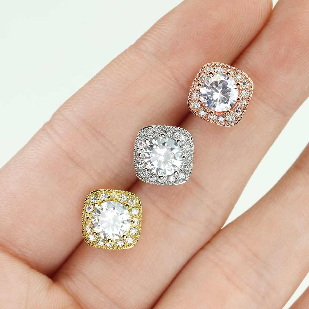 CZ Square Halo Stud Earrings with Round Center