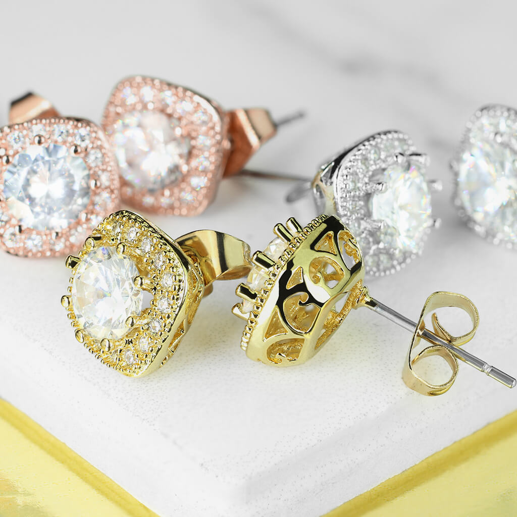 CZ Square Halo Stud Earrings with Round Center