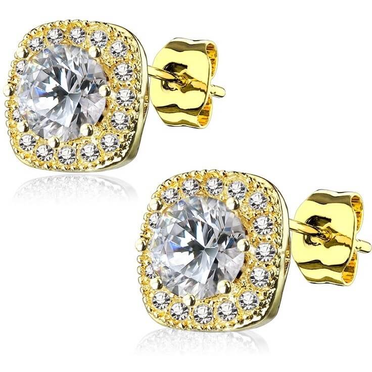 CZ Square Halo Stud Earrings with Round Center