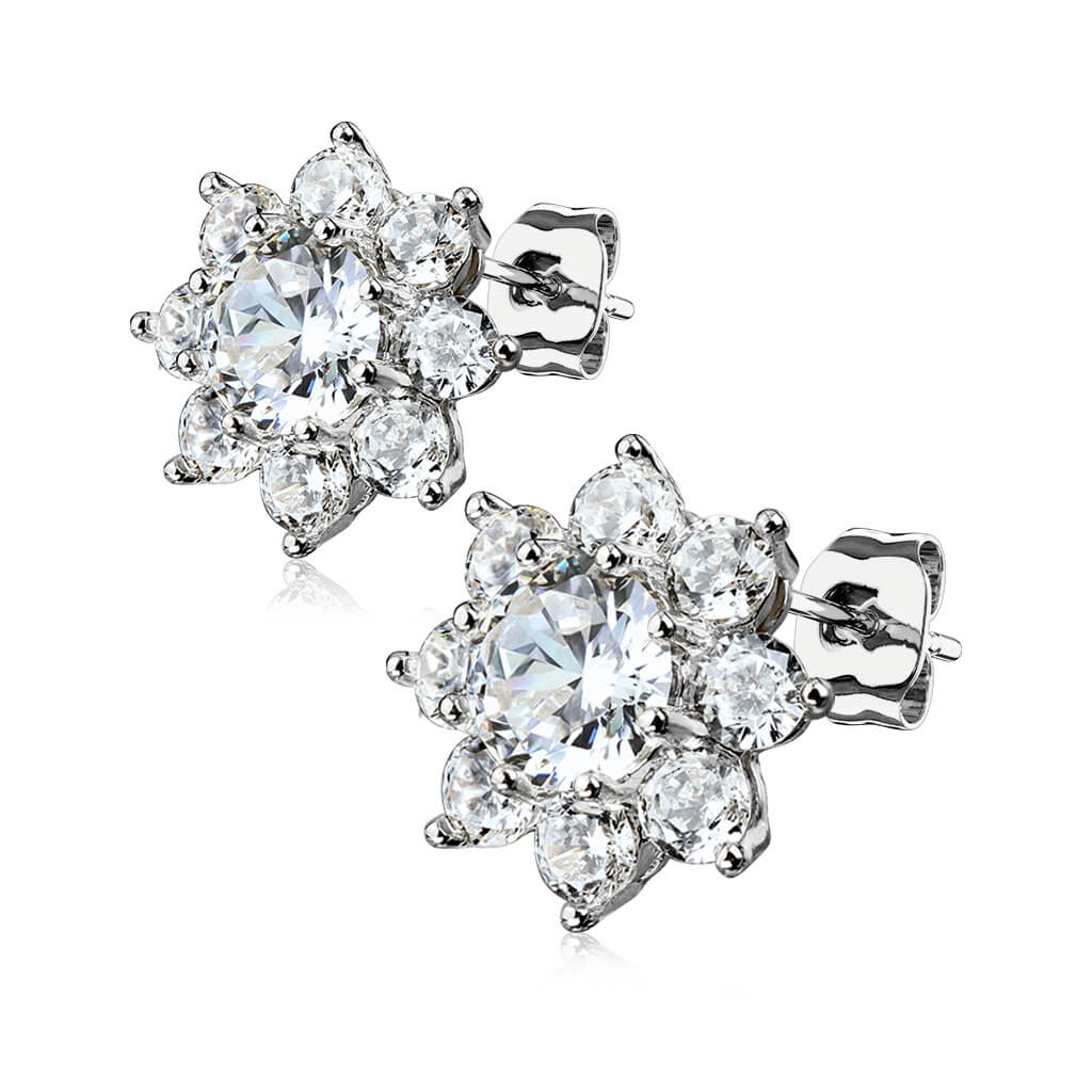 Round CZ Flower Stud Earrings