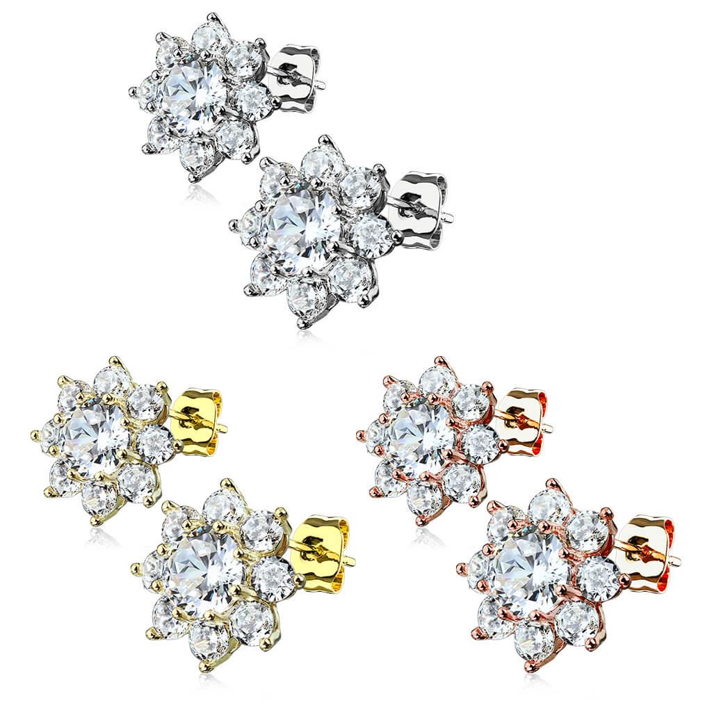 Round CZ Flower Stud Earrings