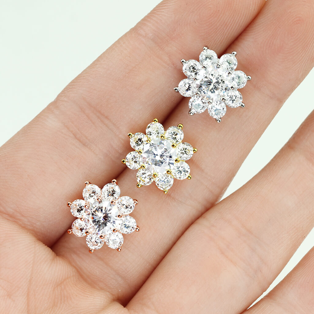 Round CZ Flower Stud Earrings
