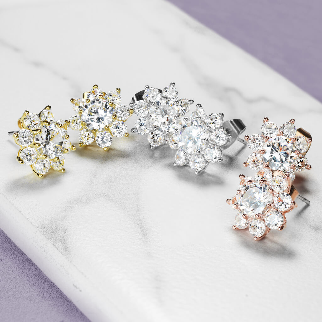 Round CZ Flower Stud Earrings